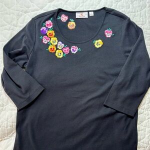 Quacker Factory Top Womens M Black 3/4 Sleeve Rhinestone Embellished Flowers